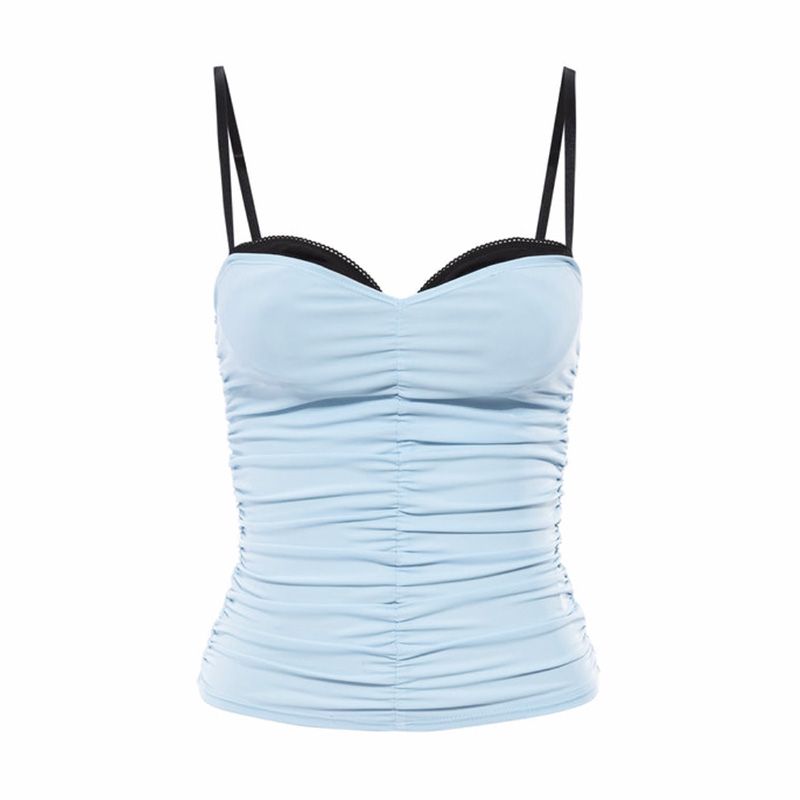 

Double Layer Slim Fit Patchwork Slim Looking Short Top Camisole Light Blue S