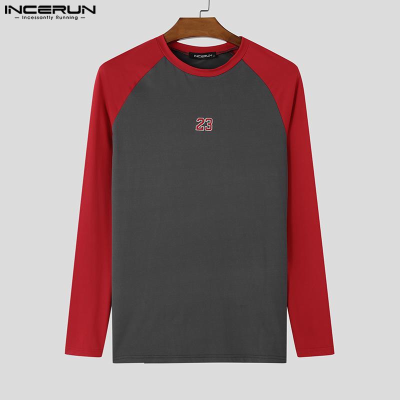 INCERUN Men Round Neck Long Sleeve Stitching Print Tops Fitted Undershirts