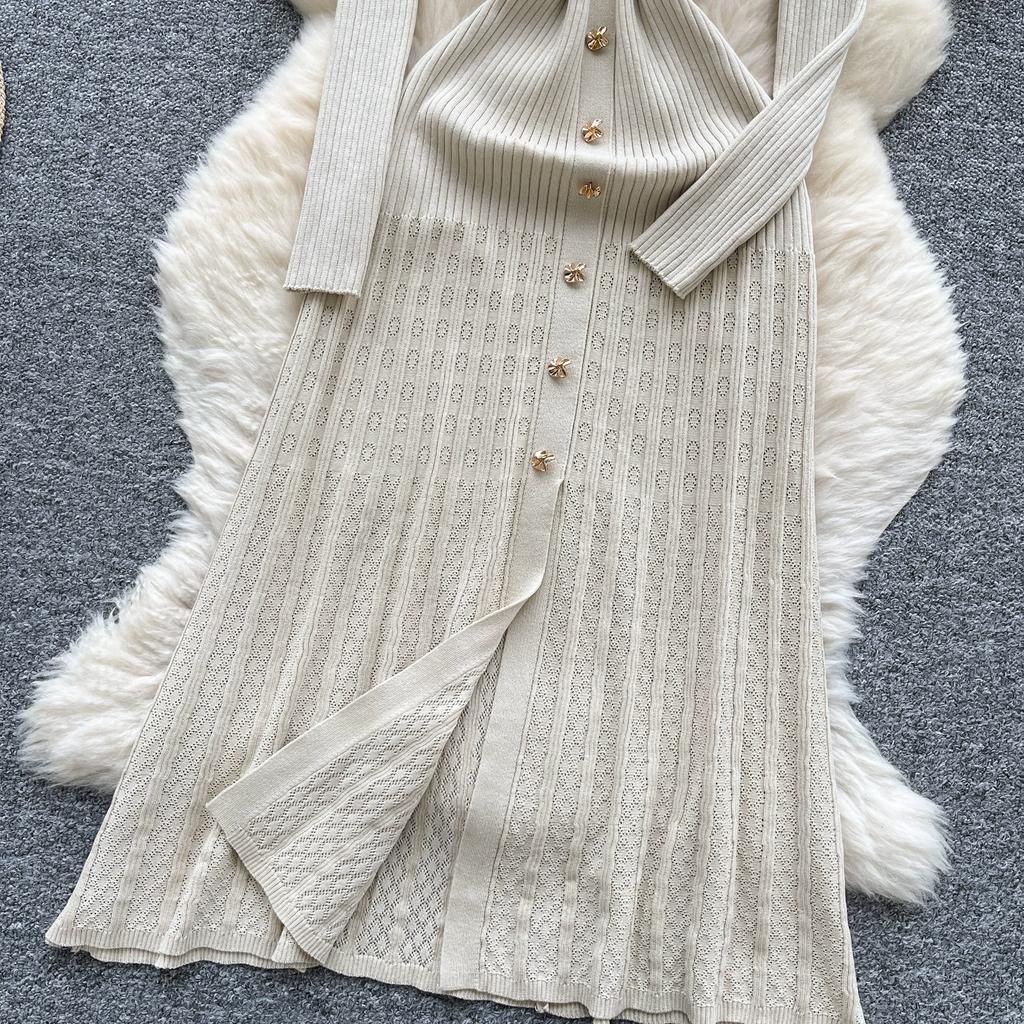 Autumn Winter Women Elegant Polo Collar Knitted Sweater Metal Button Long Maxi Split Pullover Dresses