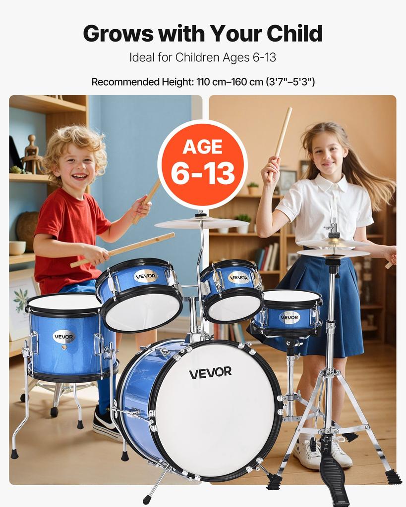 VEVOR Kids Drum Set, 5-Piece 14 in / 355.6 mm Junior Drum Sets, Beginner Drums Set with Adjustable Throne and Two Pairs of Drumsticks