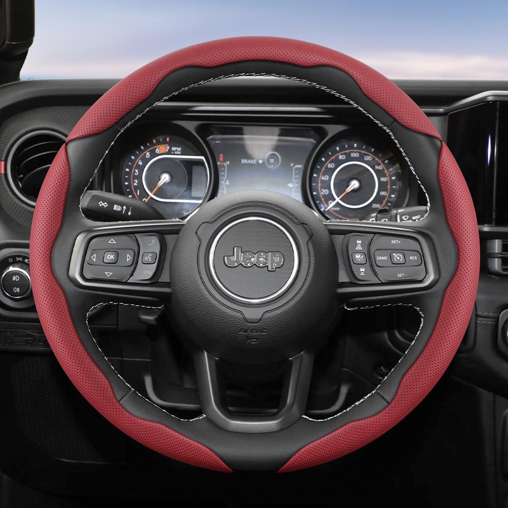 Suitable for Jeep Breathable Hole Leather Steering Wheel Cover Segmented Quick Release Design Non-Slip Durable Compass Renegade Wrangler Grand C AMU1