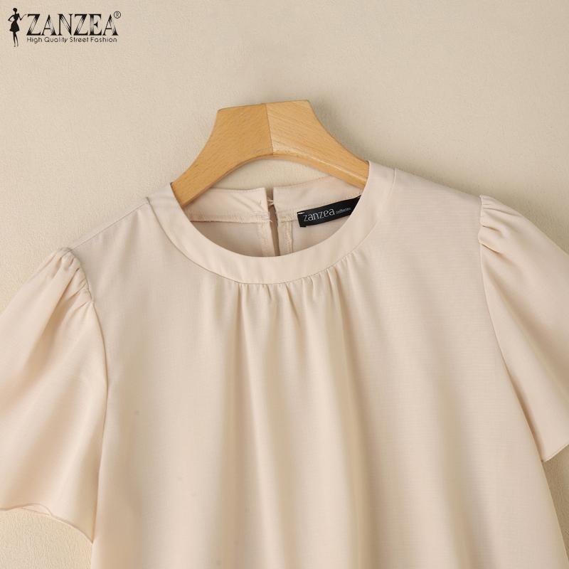 ZANZEA Women Summer O-neck Casual Short Sleeve Plain Blouse