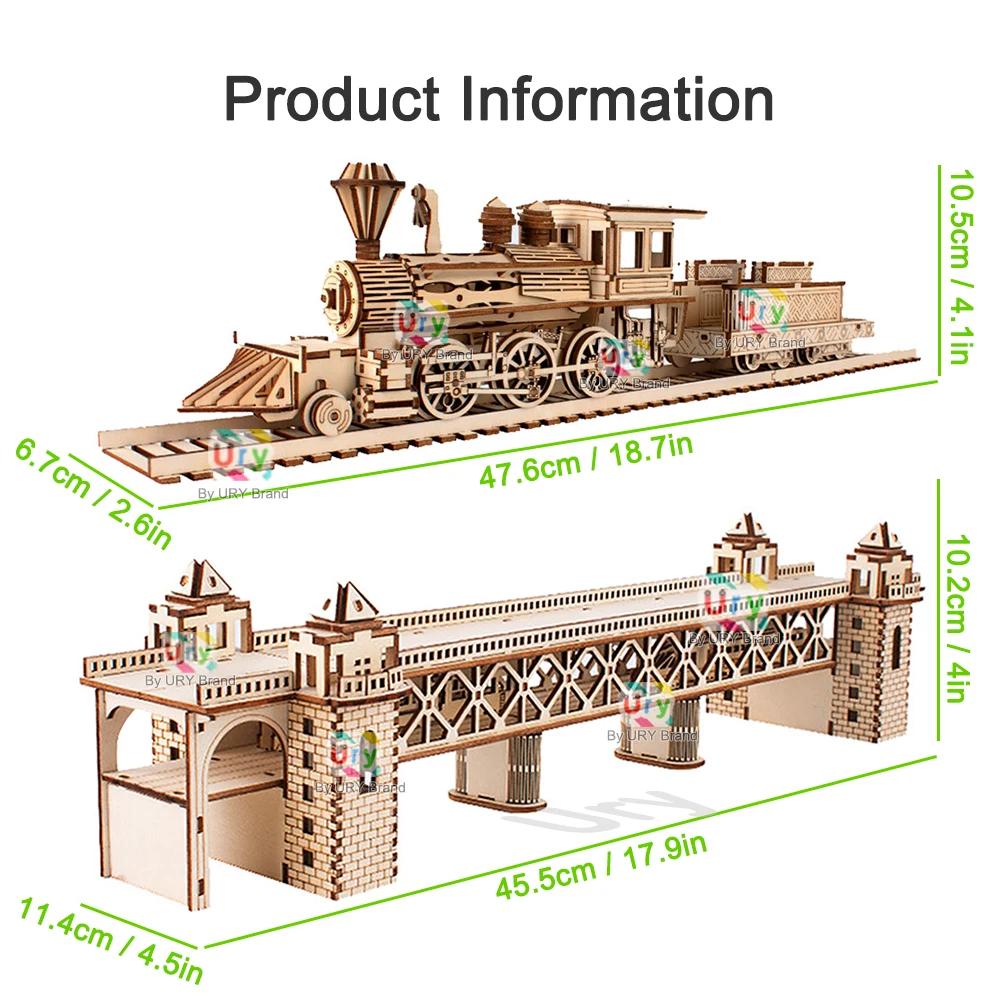 Ury 3D Wooden Puzzle Retro Steam Train With Track Railway Bridge Handmade Assembly Truck Model Diy Toys Decoration Gift For Kids