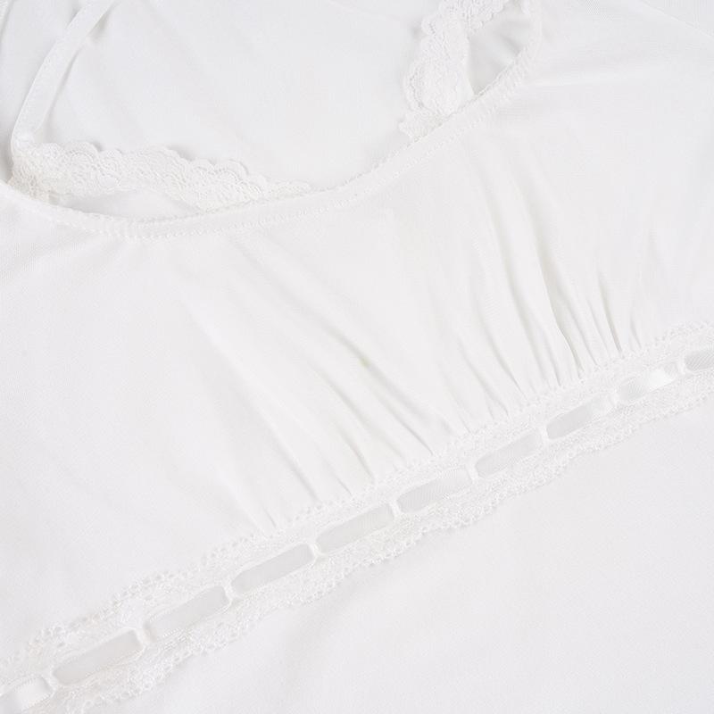 Spicy Girl Mesh Patchwork White Two-Piece Style Ruffle Trim Sheer Long Sleeve Top