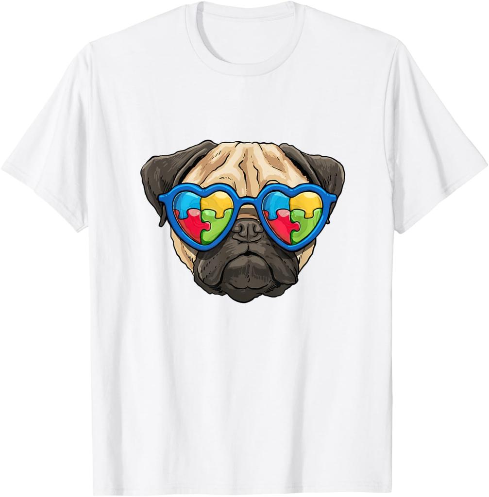 Autism Awareness Pug Dog Heart Puzzle Sunglasses Graphic Tee Casual Cotton T-Shirt for Boys