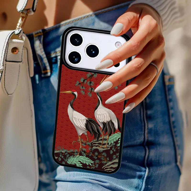 Japanese Style Crane Cherry Phone Case For iPhone 17 Air 14 15 13 12 Max Cover For Apple 14 15 16 16e 11 Pro Max Plus