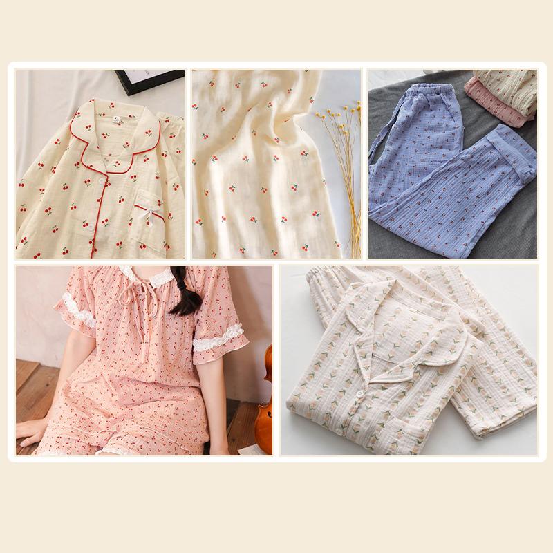 0.5m/1m/2m Soft Cartoon Cherry Print Double Crepe Gauze Fabric 100% Cotton Fabric DIY Sewing Clothing Baby Breathable Texture