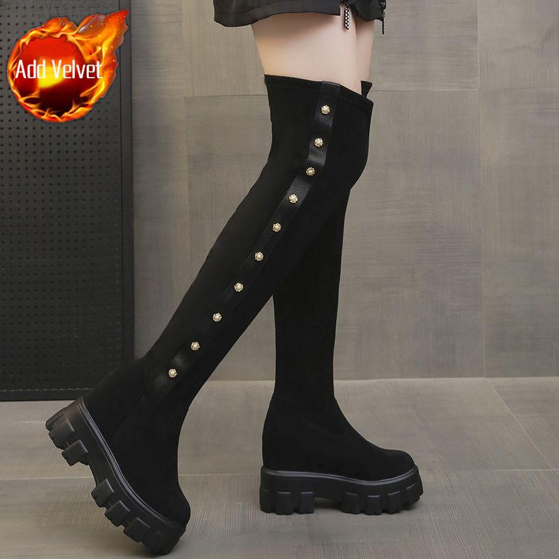 

Черные осенне-зимние ботфорты для женщин, с замшевым скошенным каблуком и ботинки на толстой подошве 39