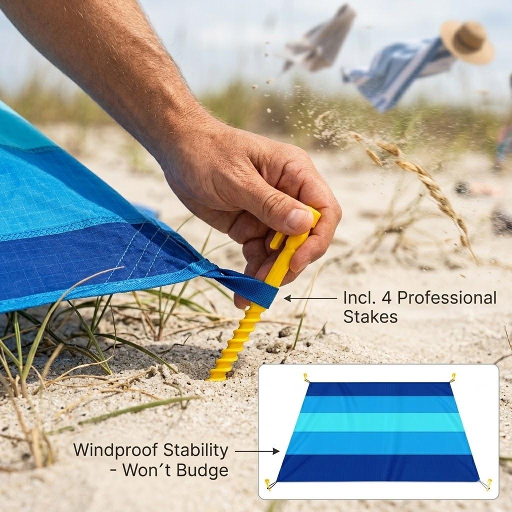 Oversized Beach Blanket Sand Free Water Resistant Ripstop Polyester Picnic Mat with 4 Stakes for 2-8 Adults Large Outdoor Rug