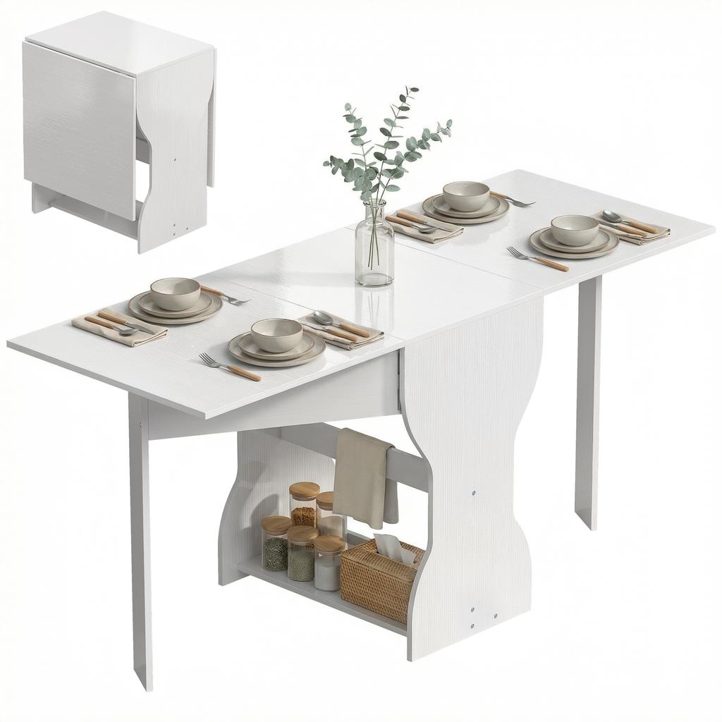 Dining Table Foldable Kitchen Table with Storage for 2-4 People Folding Table for Small Spaces Dining Room 160 x 60 x 75 cm White