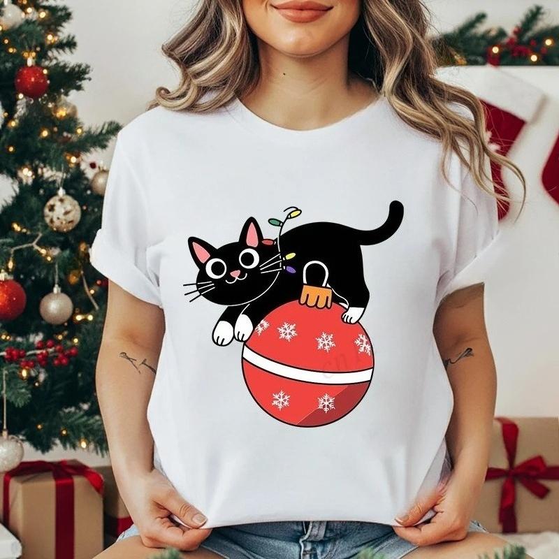 2026 Kitten Xmas Tree Womens Casual TShirt Black Cat Christmas Graphic Print TShirts Tops Meowy Xmas Lights Novelty Tee Tops S