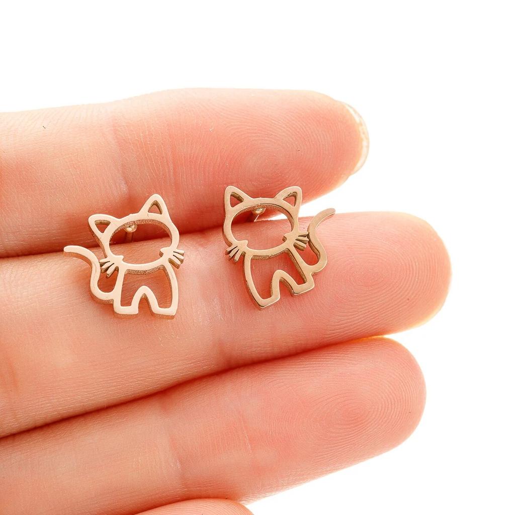 1 Pair Cute Cat Stainless Steel Stud Earrings For Womens Punk Jewelry Gifts Trend Fashion Small Ear Studs Jewelry