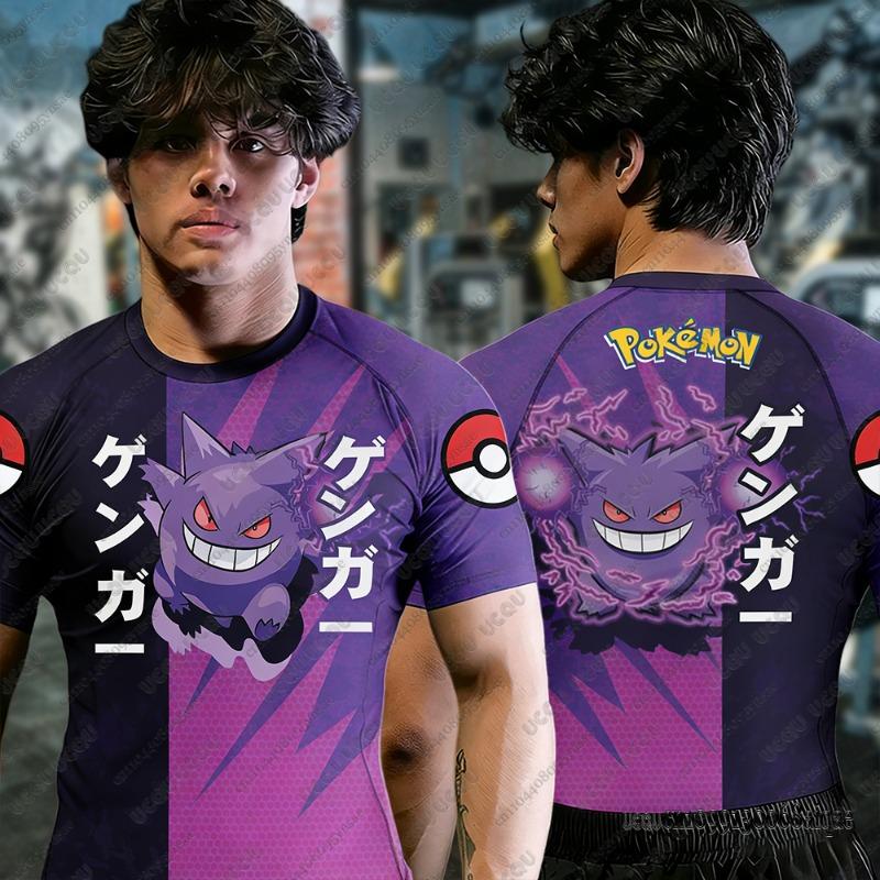 Summer Men's Fitness Tshirts Cartoon Pokémon Gengar Muscle T-shirts Jiu Jitsu Rash Guard Breathable Tees Man Fitness Clothing