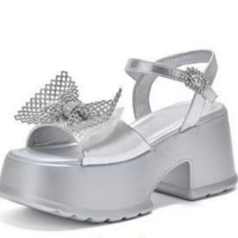 Round head thick heel high heel sandals mesh women's summer wear new bow high heel sandals