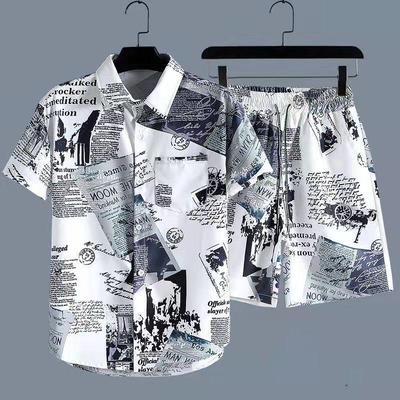 Men's Japanese Retro Floral Short-Sleeve Beach Shirt and Shorts - Plus Size Available