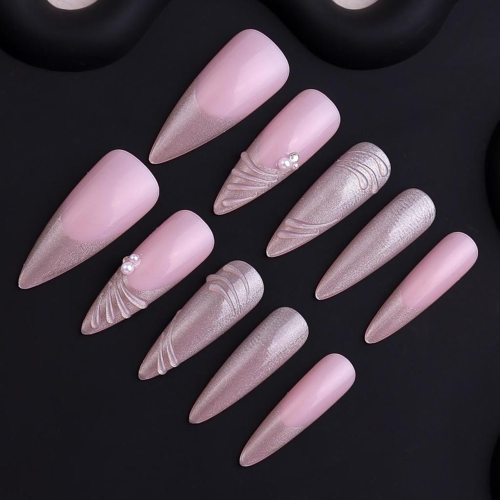 Heißverkaufende 3D-Tragbare Nägel mit durchscheinendem Silberfaden, Langes spitzes Perlen-Strass-Design - Europäischer & Amerikanischer Spicy Girl Stil