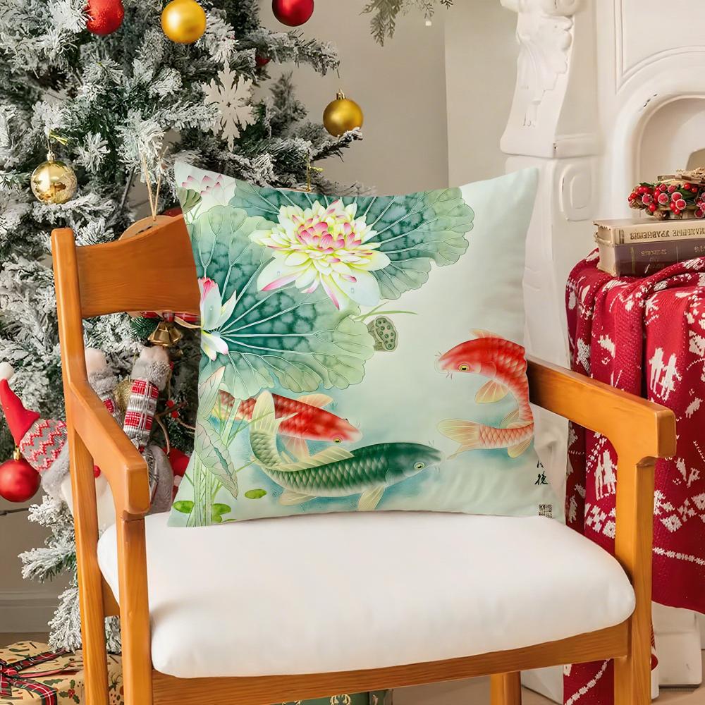 Natural Fun Koi Fish Lotus Pillow Case Silky Short Plush With Invisible Zipper Dustproof Sofa Cushion Cover For Home Decor