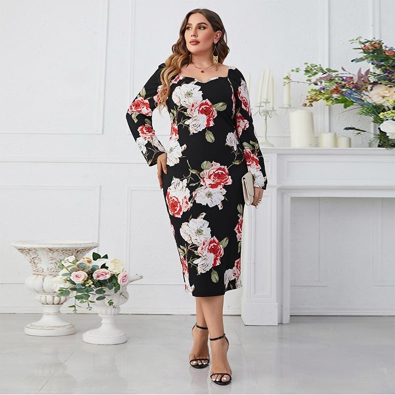 Women's Vintage Long Sleeve Dresses Square Neck Plus Size for Female Slim Bodycon Dress Fashion Flower Printing Dress Elegant Party Dress