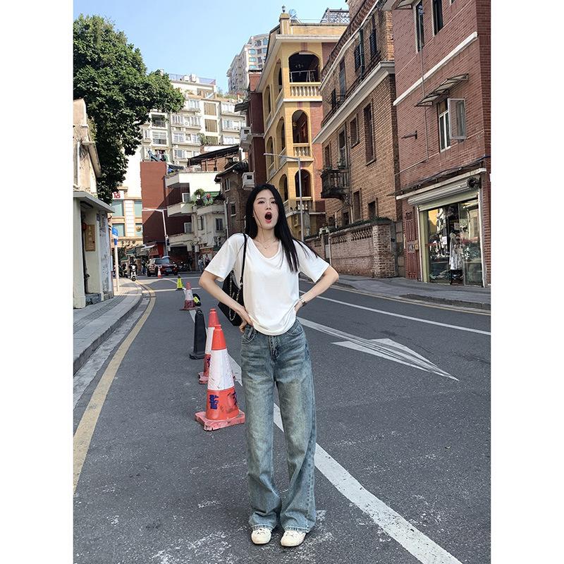 

Muzi Love Летняя женская удобная повседневная футболка с V-образным вырезом и коротким рукавом M (100-115 jin)