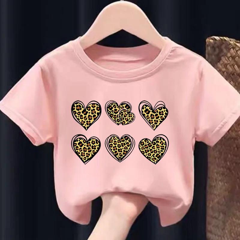 Love Heart Print Three-heart Print Short-sleeve Girls' Round Neck T-shirt Children's Clothing
