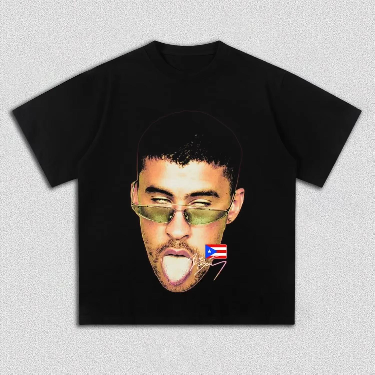 

Bad Bunny portrait graphic 100cotton unisex shirt 2026 Summer New Oneck Mens Y2k Hip Hop style Short Sleeve Tshirt fan gift S