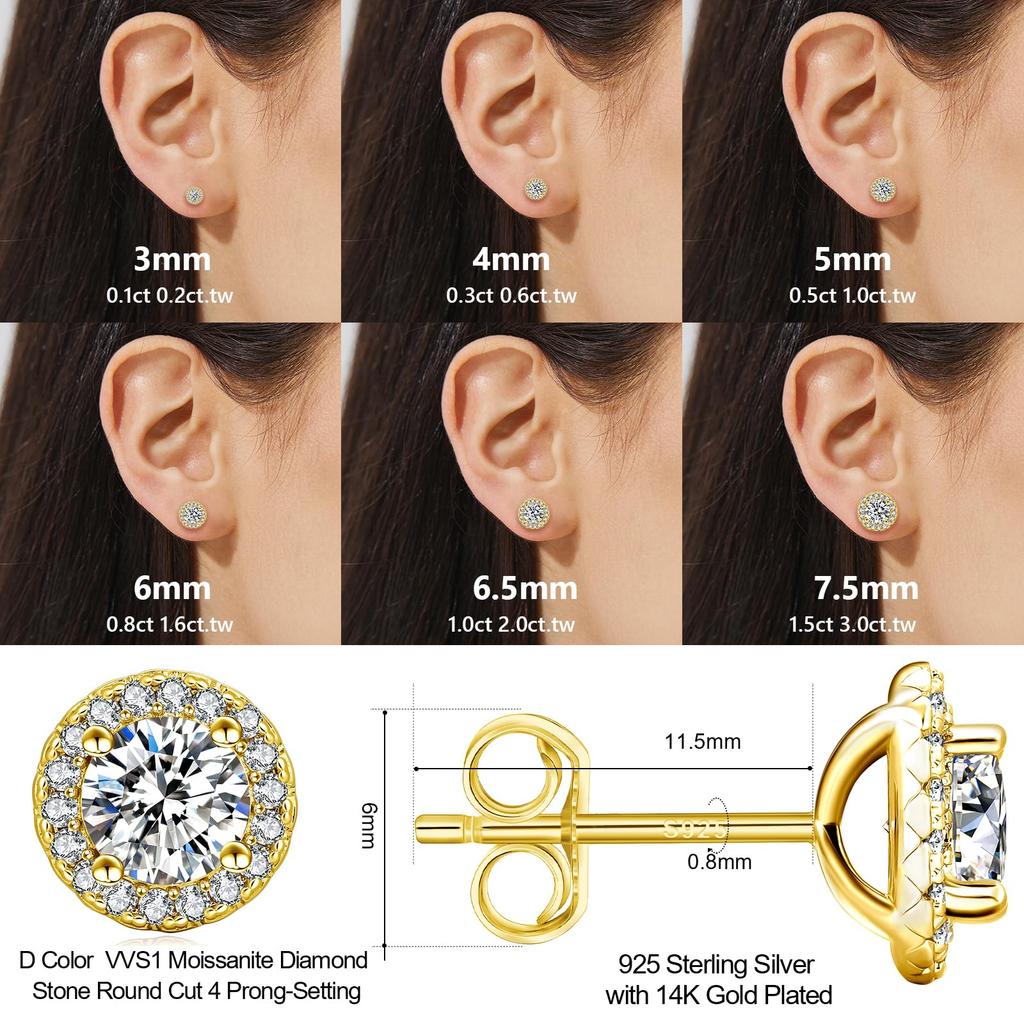 KRKC "Star Prayer" Moissanite Earrings, 0.2-3.0 Carat, Women's, 925 Sterling Silver with a Sparkling Solitaire Diamond, Hypoallergenic, Perfect for Bi