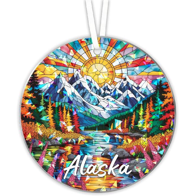 Alaska Stained Glass Ornament, Alaska Hologram Suncatcher with 2-Sided Printing, Broken Glass Style Acrylic Tree Decoration, Hanging Car & Window