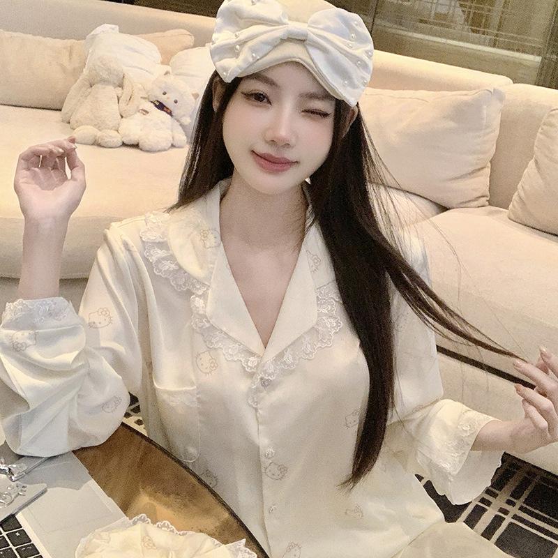 2025 Women's Ice Silk Pajama Set: Cute Kitty, Long-Sleeve for Spring and Autumn
