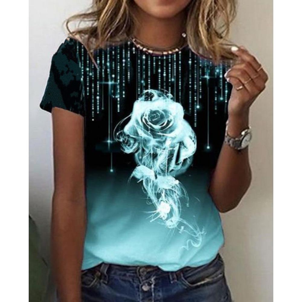 Summer New Loose Casual Plus Size Women's T-shirts Round Neck Rose Print Short-sleeved T-shirts