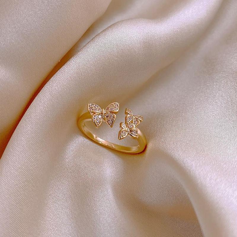 Copper Inlaid Zircon Butterfly Ring with Gold Electroplated Diamonds - 2024 New Style, Chic Cold Aesthetic for Index Finger Adjustable Open золотой