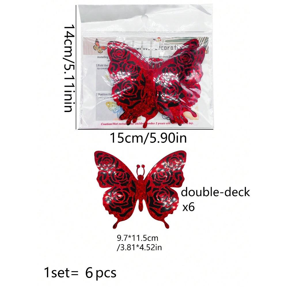 6pcs/Set Valentine's Day Collection Double Layered & 3d Design Butterfly Stickers With Shiny Gold Decoration, Stickers, Wall Decal, Vinyl Decal