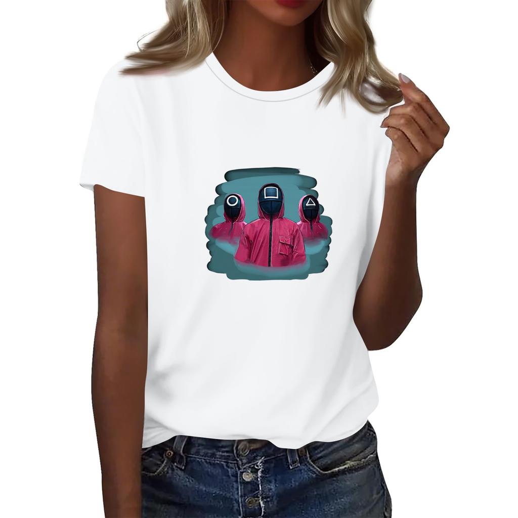 Damen Rundhals Bedrucktes Kurzarm T-Shirt Top