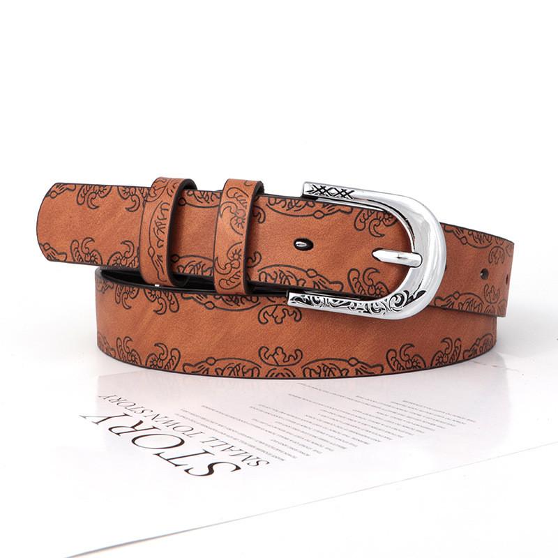 Leather Inspired Boho Belt With Embossed Design And Silver Buckle For Womens