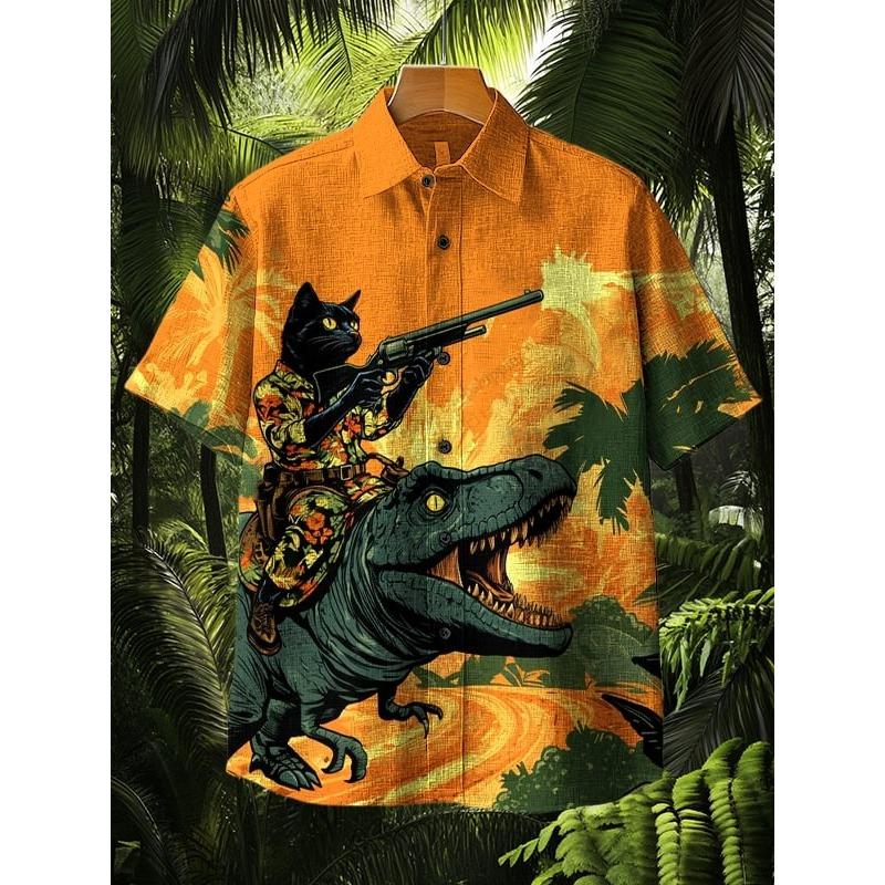 Modisches Herren Sommer Hawaiianhemd Vintage Kalligraphie Katze Dinosaurier 3D Druckhemd Kurzarm Lässige Strandhemden