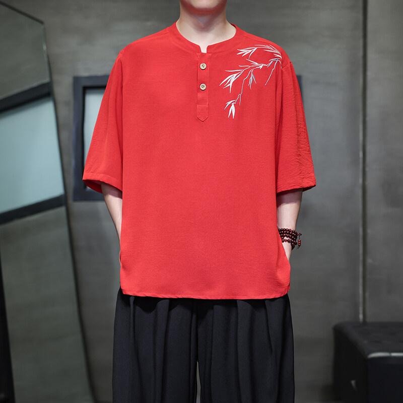

Мужские футболки с вышивкой на лето 2025 года, мужские топы и футболки в восточном стиле, футболка ханьфу, рубашка для кунг-фу, мужские футболки-кимоно, мужская одежда M красный