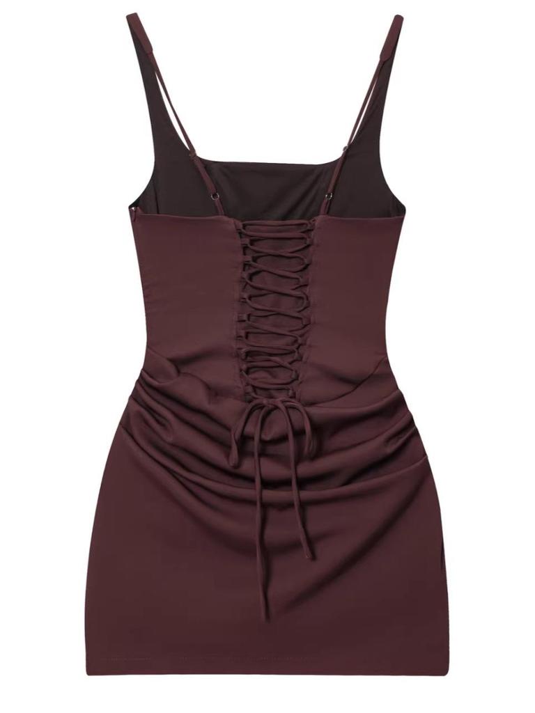 New Women's French Sexy Sleeveless Square Neck Lace-up Bodycon Midi Dress