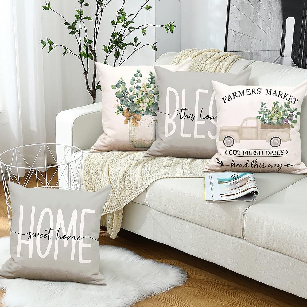 24x24 Farmhouse Pillow Covers Set of 4 Decorative Throw Pillow Covers Pattern Home Sweet Home Rustic Square Pillows Farm House Home Living Room Decor