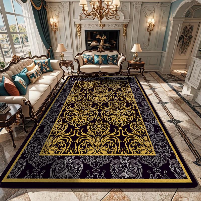 Extra Large European Classical Area Rugs Royal Blue Gold Floral Pattern for Luxurious Grand Living Room Decor