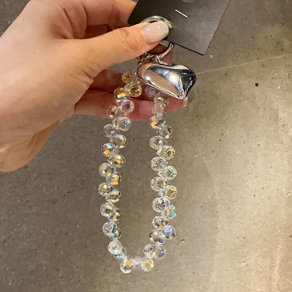 Luxury Bling Crystal Love Heart Pendant Beaded Strap For iPhone Bag Key Bag Girl Phone Chain Bracelet Hanging Ring Cord Jewelry
