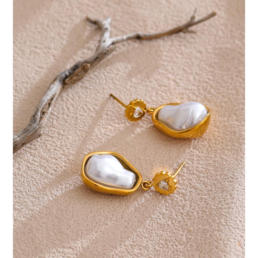 Eetit Baroque Simulated Pearls Zirconia Drop Earrings Golden Stainless Steel Geometric Chic Jewelry for Women Accessories Gift