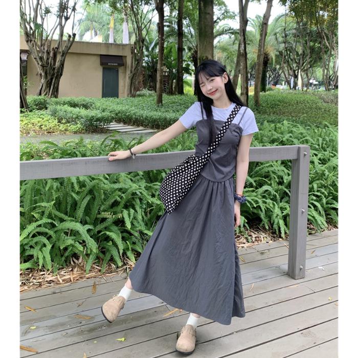 Women's 2024 Summer Sweet Color Block Short Sleeve High Waist Midi Dress Set