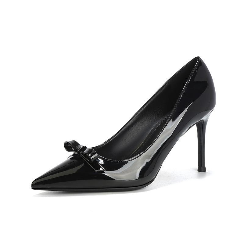 2026 Autumn New High Heels Stiletto Pointed Head Patent Leather Bow Fashion French Temperament Professional Nude Single Shoes