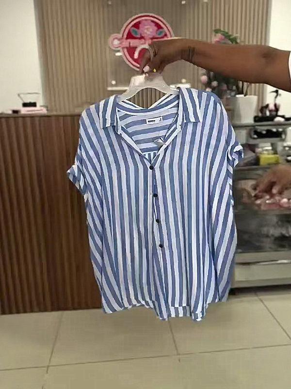 2025 Chic European & American Women's Striped Loose Lapel Short Sleeve Shirt