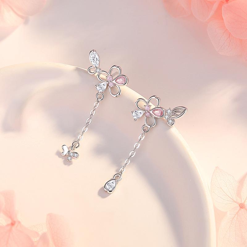 Elegant S925 Sterling Silver Cherry Blossom Butterfly Dangle Earrings for Women - Delicate Long Tassel Flower Design.