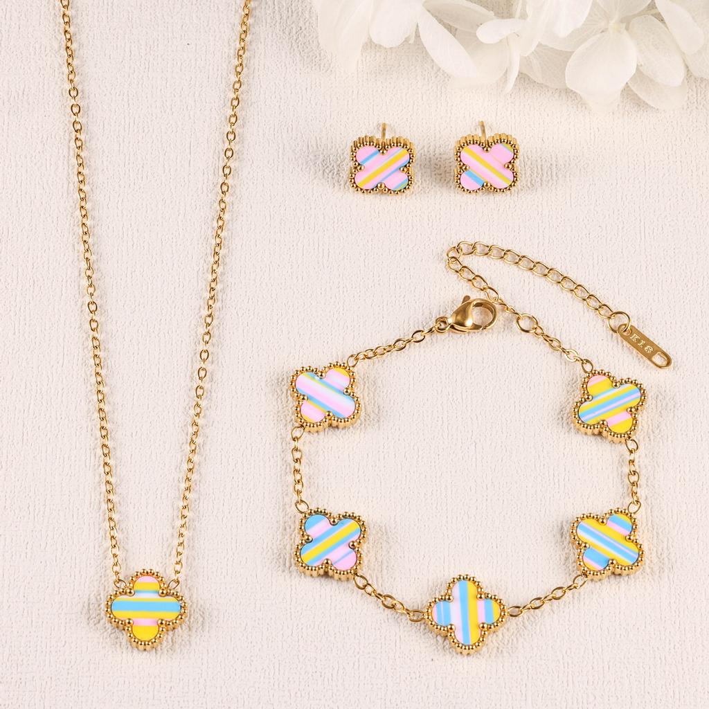 Conjunto de Brincos, Pulseira e Colar de Trevo 3 Peças Acessórios de Moda Coloridos de Luxo Leve