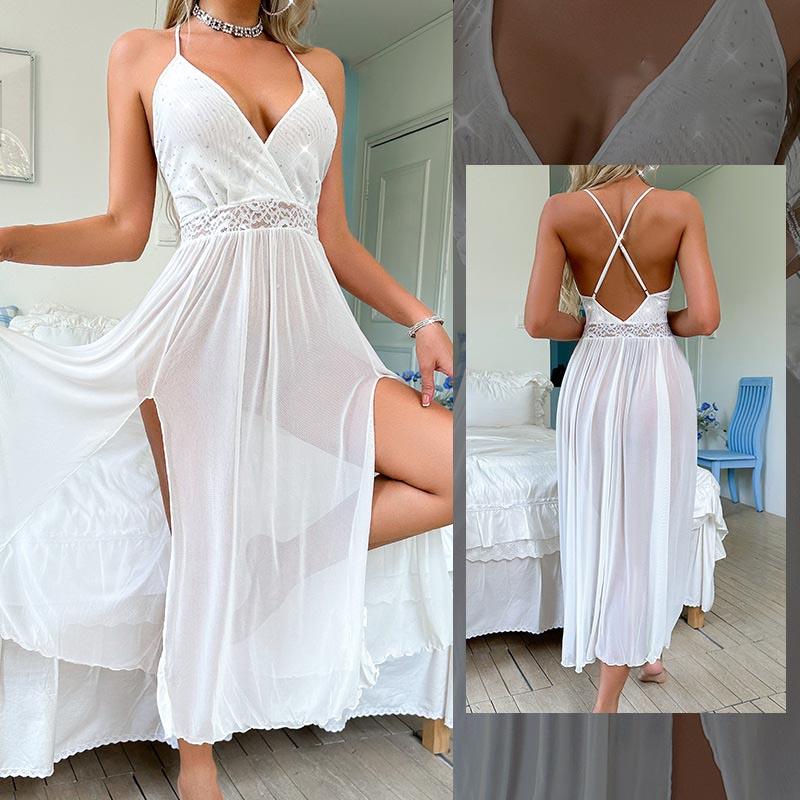 

Сексуальное пижамное платье с V-образным вырезом, черное длинное платье, юбка, прозрачные блестящие ночные рубашки с подтяжками, сексуальное нижнее белье, сетчатая пижама с открытой спиной XS белый