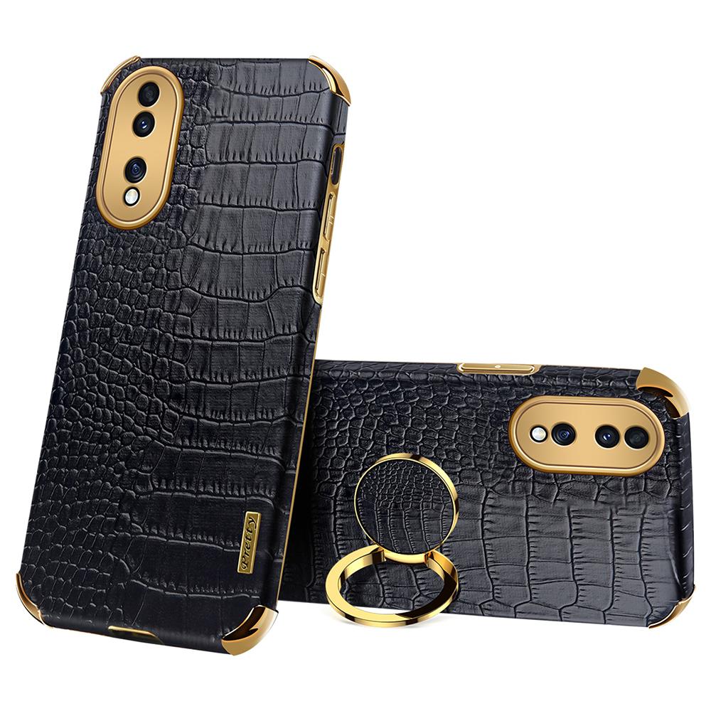 

For Honor 70 5G Leather Coated TPU Anti-drop Case Crocodile Texture 6D Electroplated Cover with Ring Kickstand Black