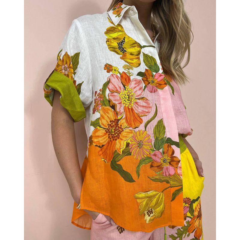 

Cross-Border 2025 New Arrival Fashion Print Cotton and Linen Two-Piece Suit Outfit Top + Loose Pants Top XL