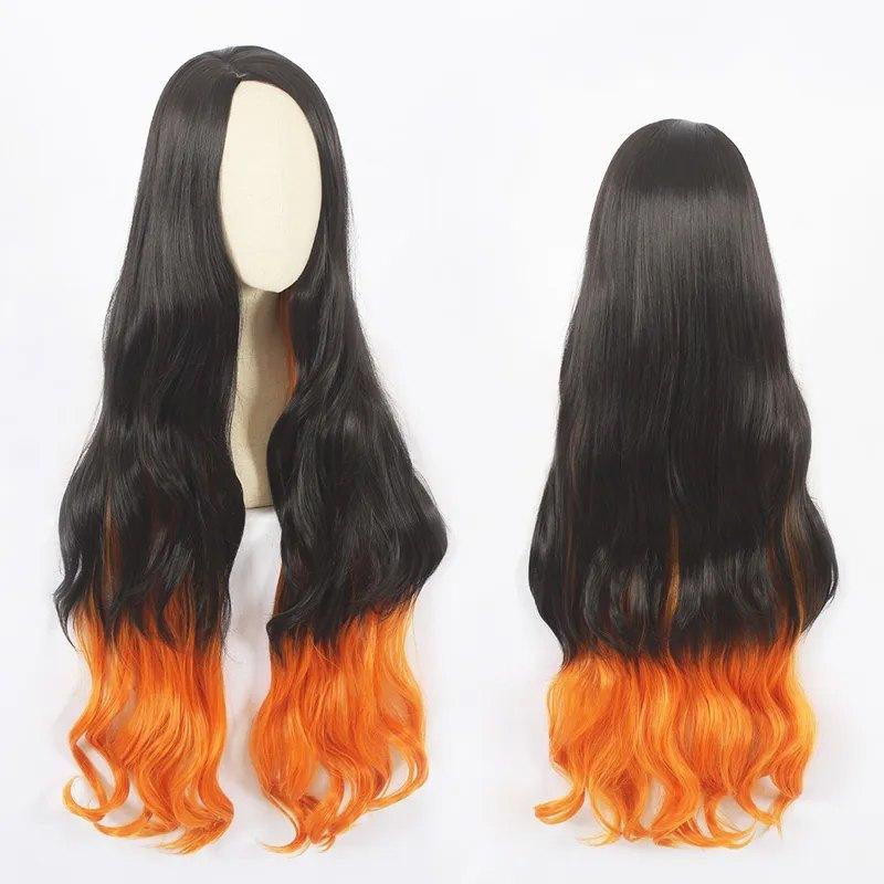 Peluca de Cosplay de Nezuko Kamado de Demon Slayer, Pieza de Cabello de Fibra de Alta Temperatura con Degradado Negro-Naranja
