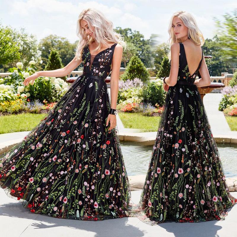 eBay Sexy Deep V Sleeveless Embroidered Dress, Slim Halter Dress Prom Dress Long Dress